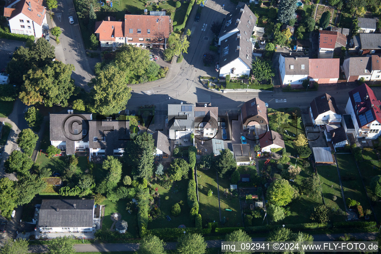 District Hohenwettersbach in Karlsruhe in the state Baden-Wuerttemberg, Germany seen from a drone