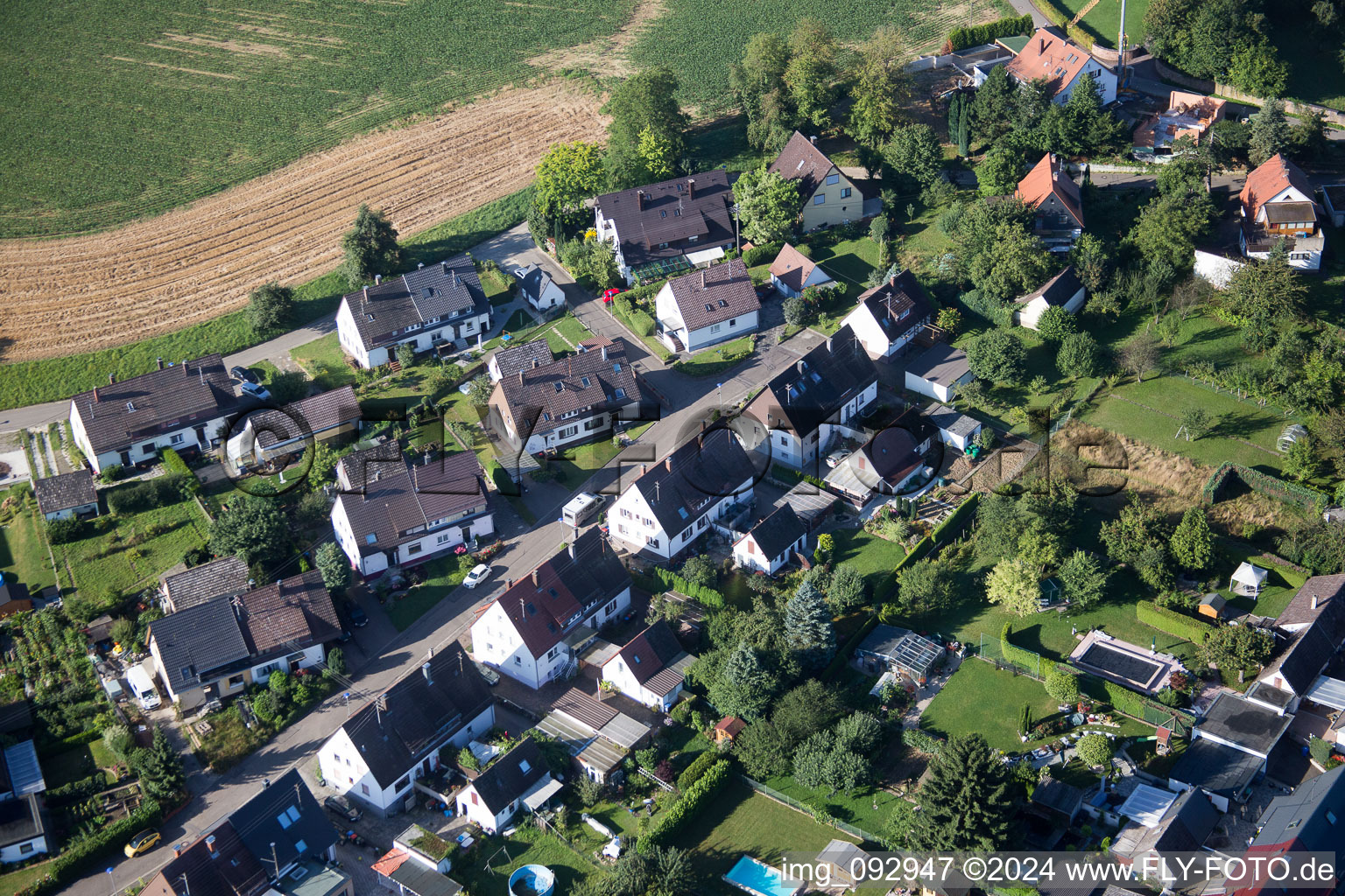 District Hohenwettersbach in Karlsruhe in the state Baden-Wuerttemberg, Germany from above