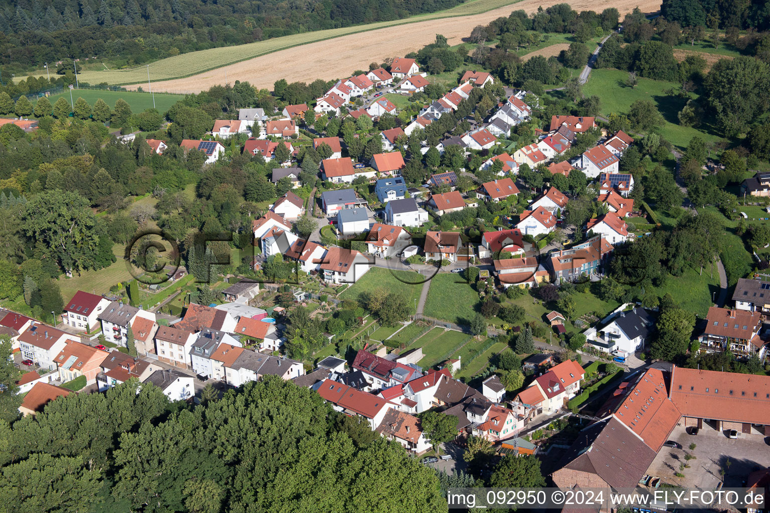 District Hohenwettersbach in Karlsruhe in the state Baden-Wuerttemberg, Germany seen from above