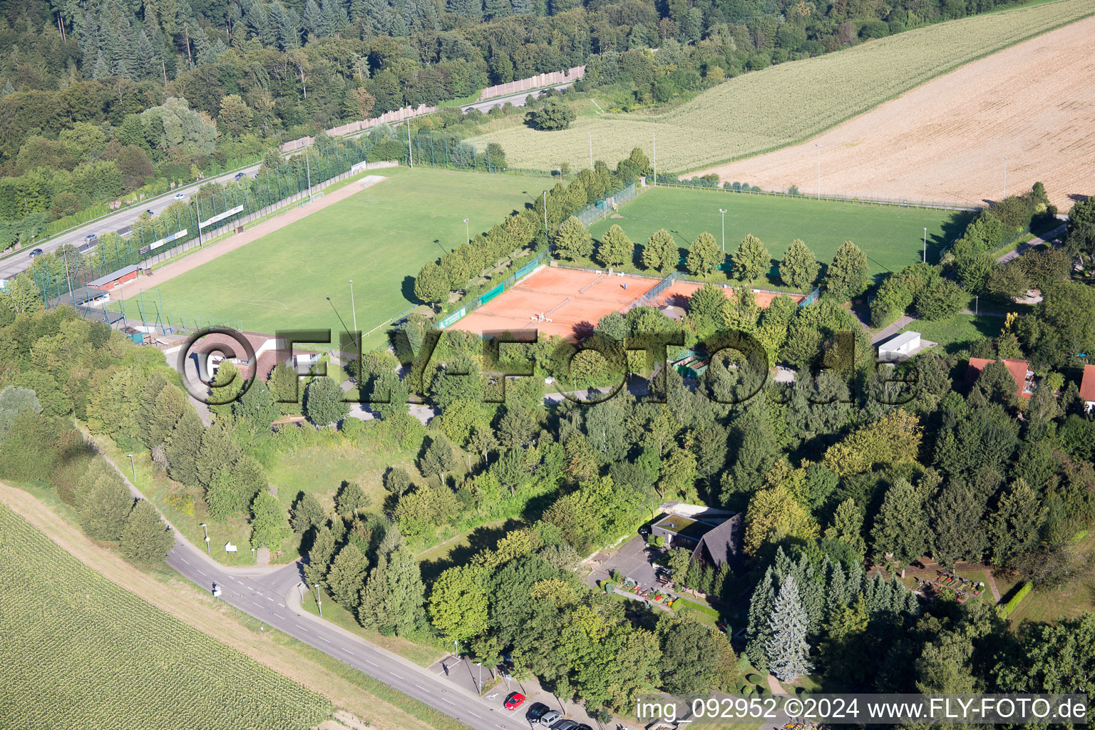 District Hohenwettersbach in Karlsruhe in the state Baden-Wuerttemberg, Germany from the plane