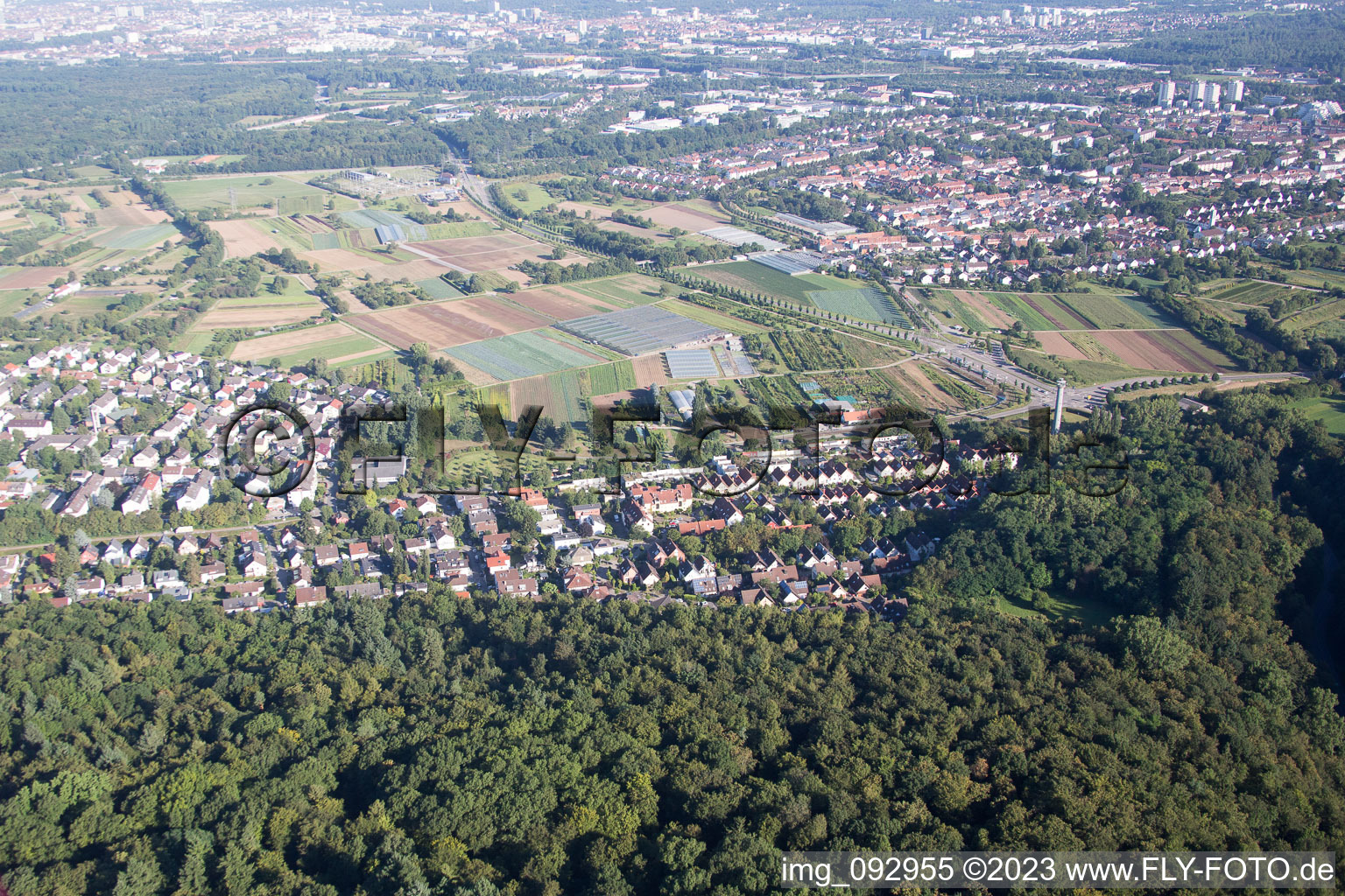 Aerial photograpy of District Wolfartsweier in Karlsruhe in the state Baden-Wuerttemberg, Germany