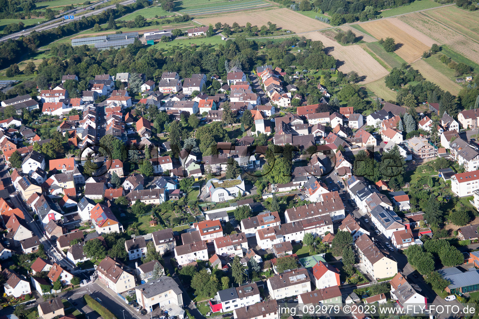 Drone recording of District Wolfartsweier in Karlsruhe in the state Baden-Wuerttemberg, Germany