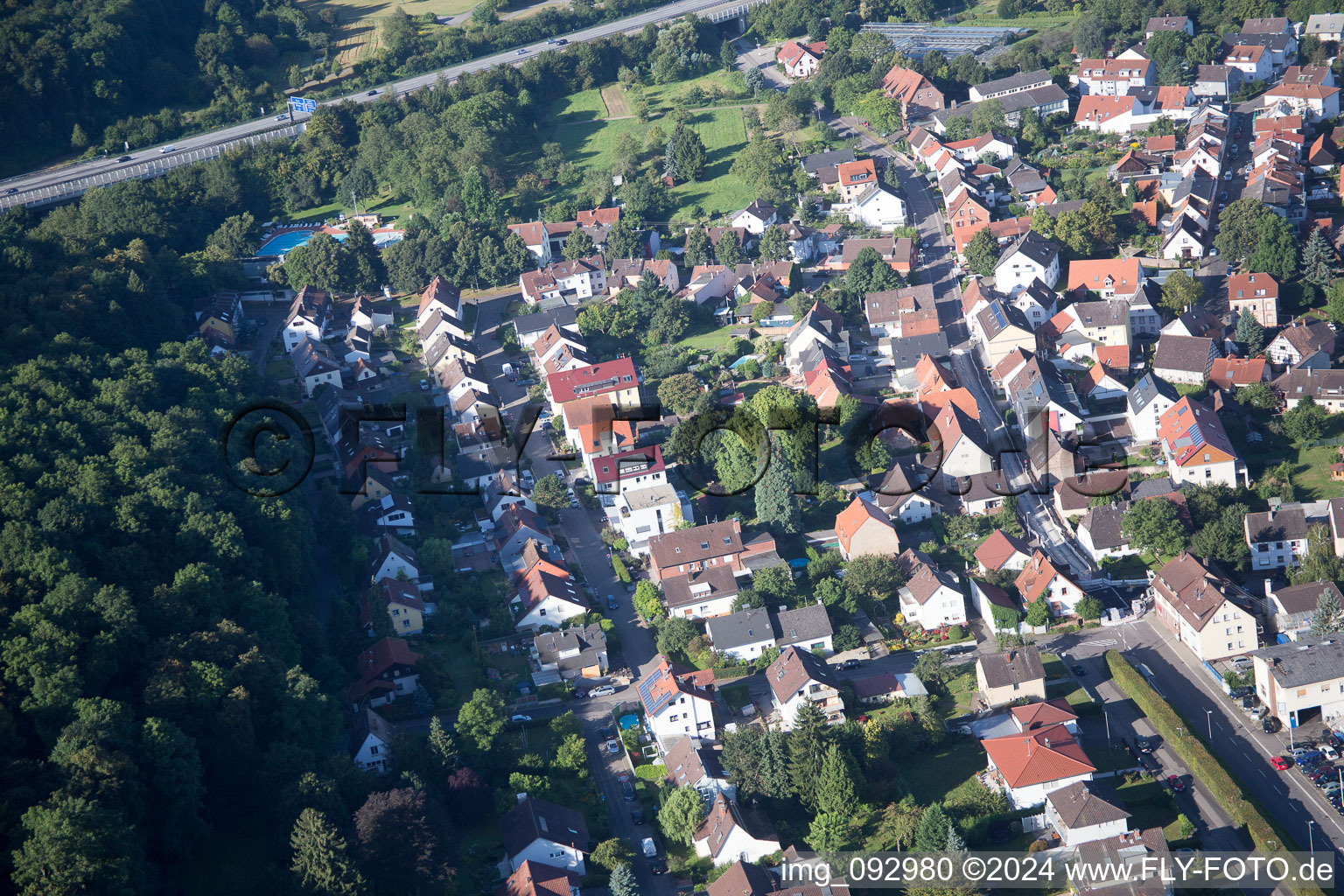 Drone image of District Wolfartsweier in Karlsruhe in the state Baden-Wuerttemberg, Germany