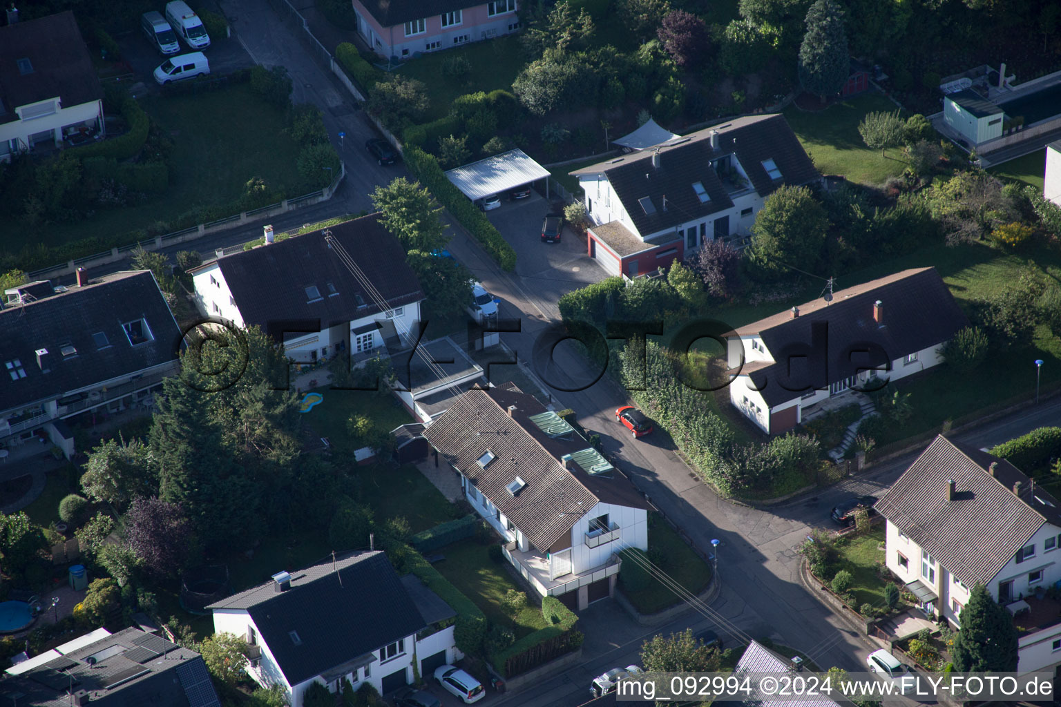 District Wolfartsweier in Karlsruhe in the state Baden-Wuerttemberg, Germany seen from a drone