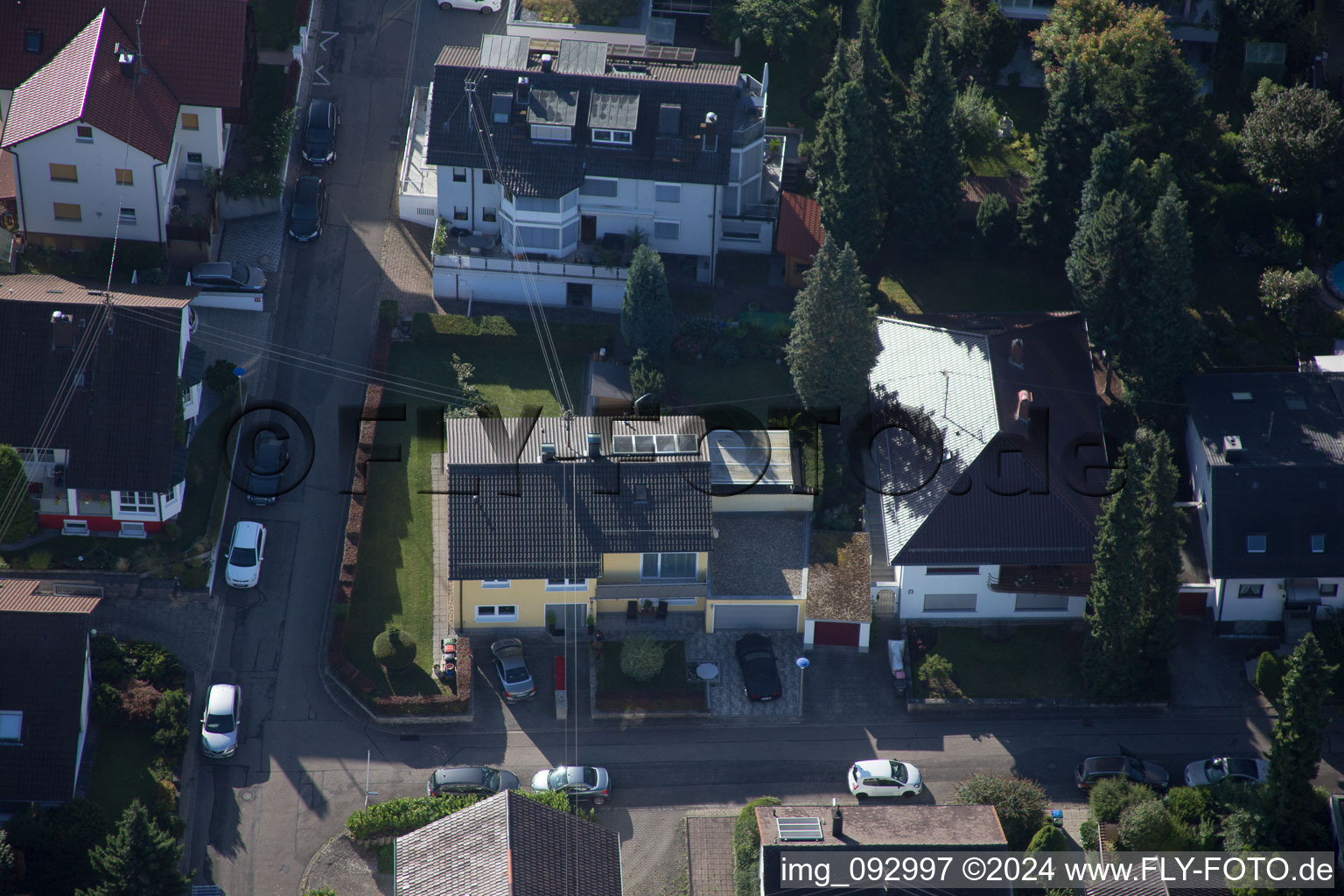 Aerial view of Hellenstrasse in the district Wolfartsweier in Karlsruhe in the state Baden-Wuerttemberg, Germany