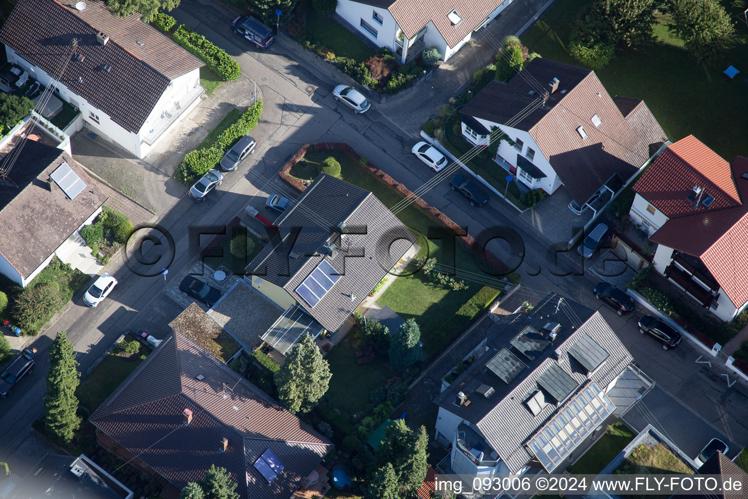 Hellenstrasse in the district Wolfartsweier in Karlsruhe in the state Baden-Wuerttemberg, Germany from above