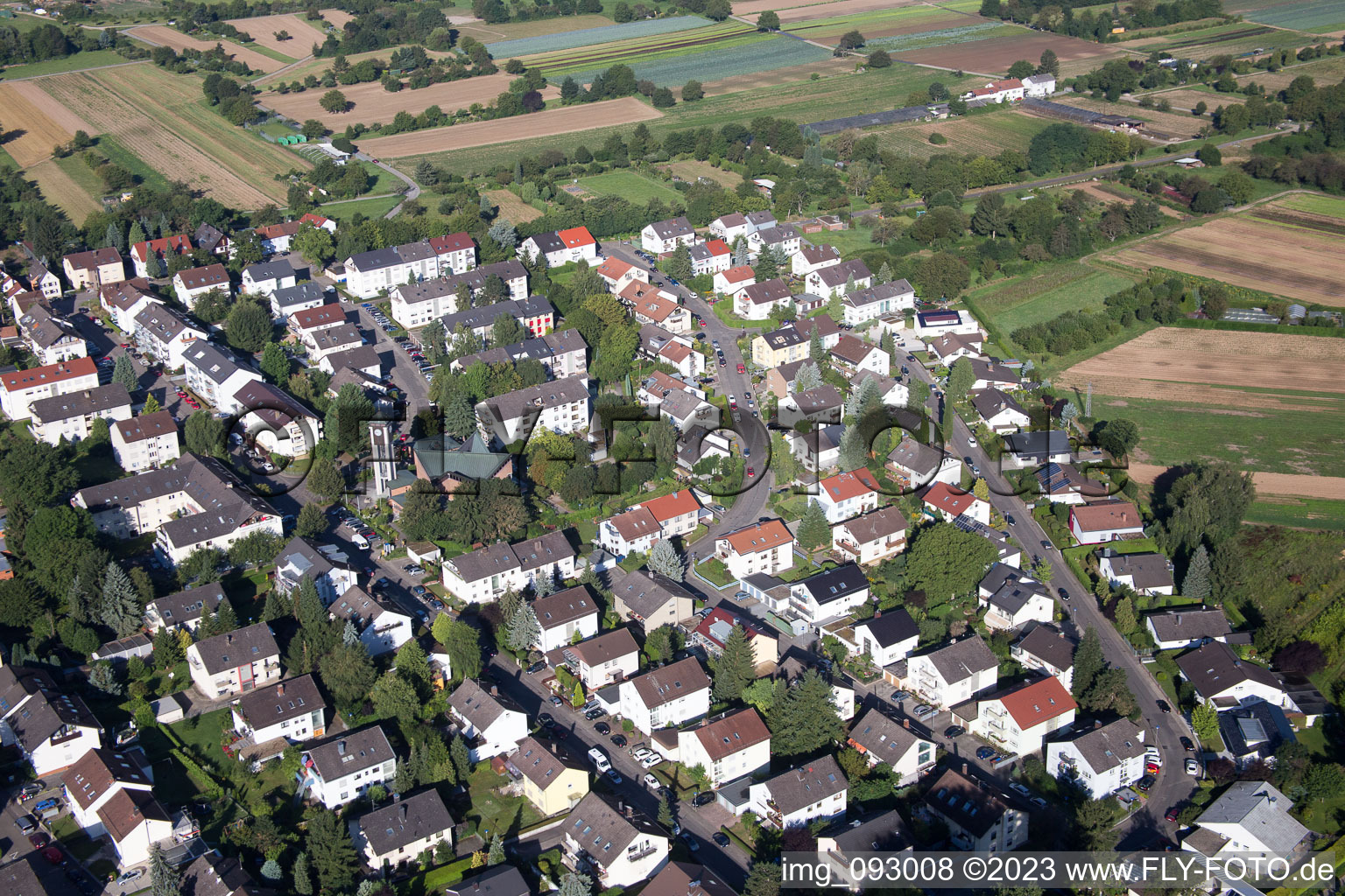District Wolfartsweier in Karlsruhe in the state Baden-Wuerttemberg, Germany from above