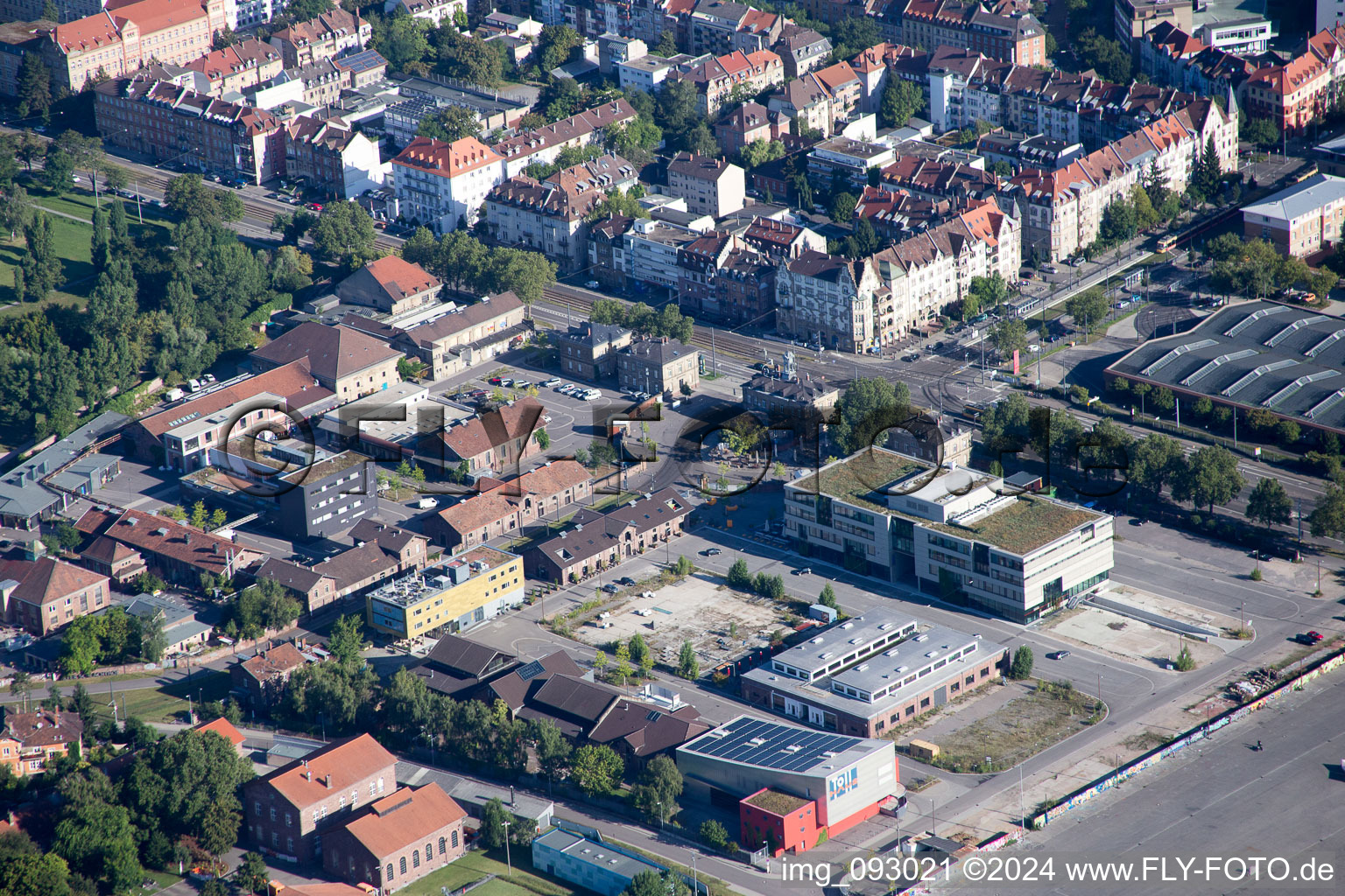 Aerial view of Old slaughterhouse in the district Oststadt in Karlsruhe in the state Baden-Wuerttemberg, Germany