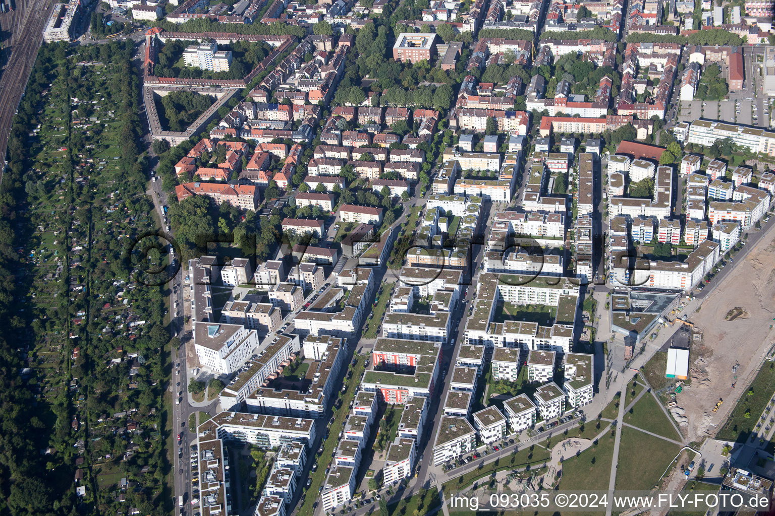 District Oststadt in Karlsruhe in the state Baden-Wuerttemberg, Germany from the plane