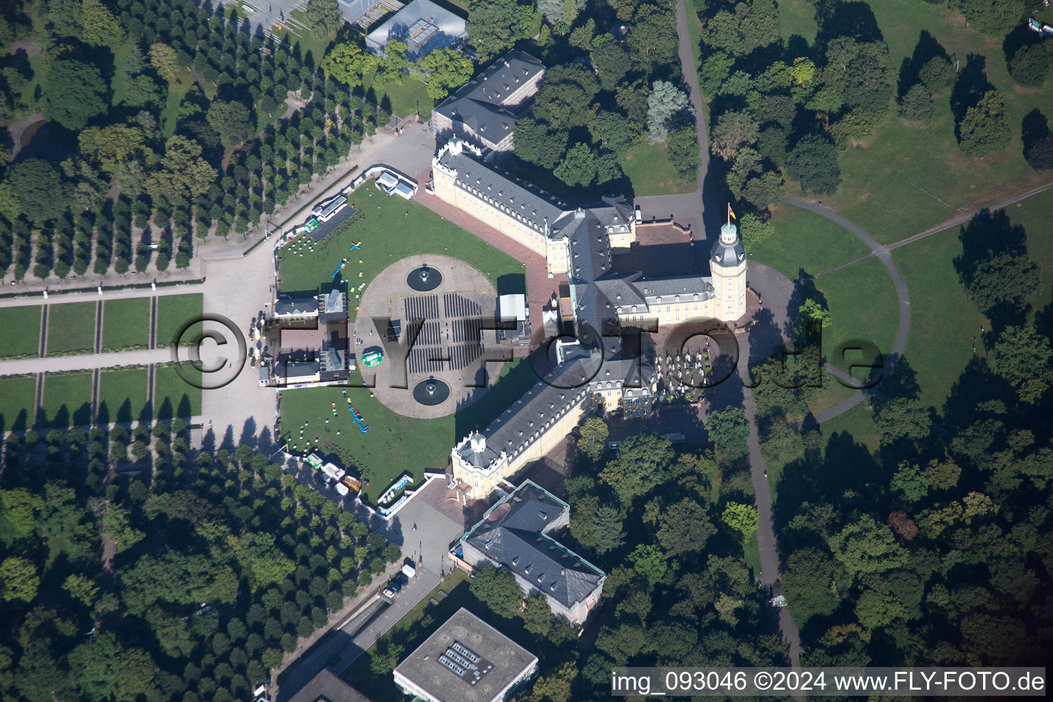 Aerial view of Castle Square in the district Innenstadt-West in Karlsruhe in the state Baden-Wuerttemberg, Germany