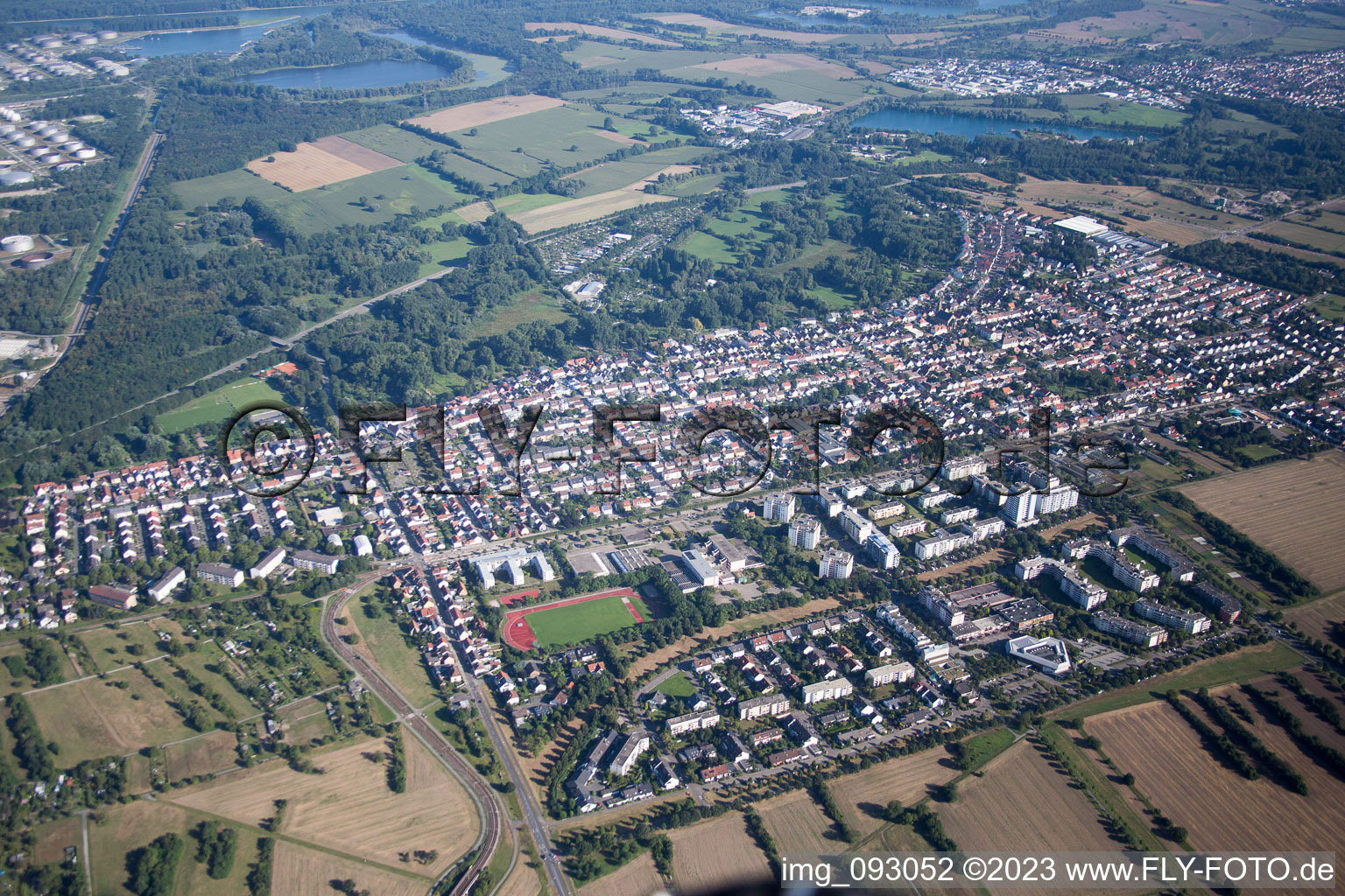 District Neureut in Karlsruhe in the state Baden-Wuerttemberg, Germany seen from a drone