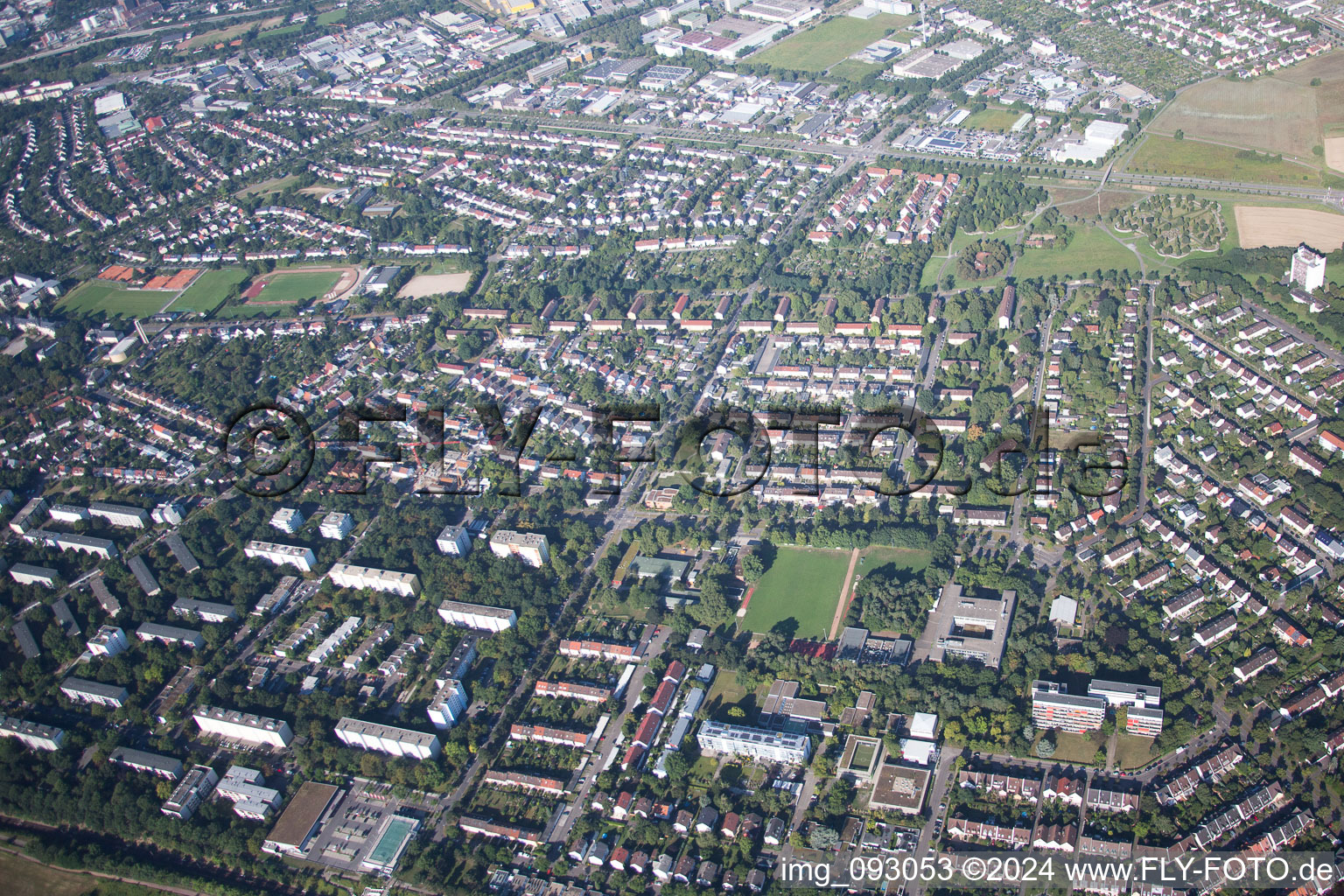 District Nordweststadt in Karlsruhe in the state Baden-Wuerttemberg, Germany seen from above