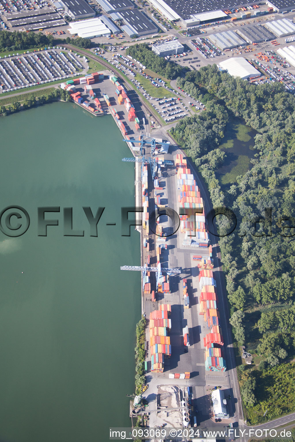 Oberwald industrial area, Rhine port of Wörth in the district Maximiliansau in Wörth am Rhein in the state Rhineland-Palatinate, Germany from above