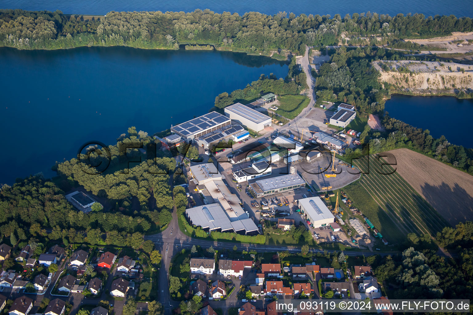 Industrial estate and company settlement on gravel mining lake Lichtenau-Grauelsbaum in the district Grauelsbaum in Lichtenau in the state Baden-Wurttemberg, Germany