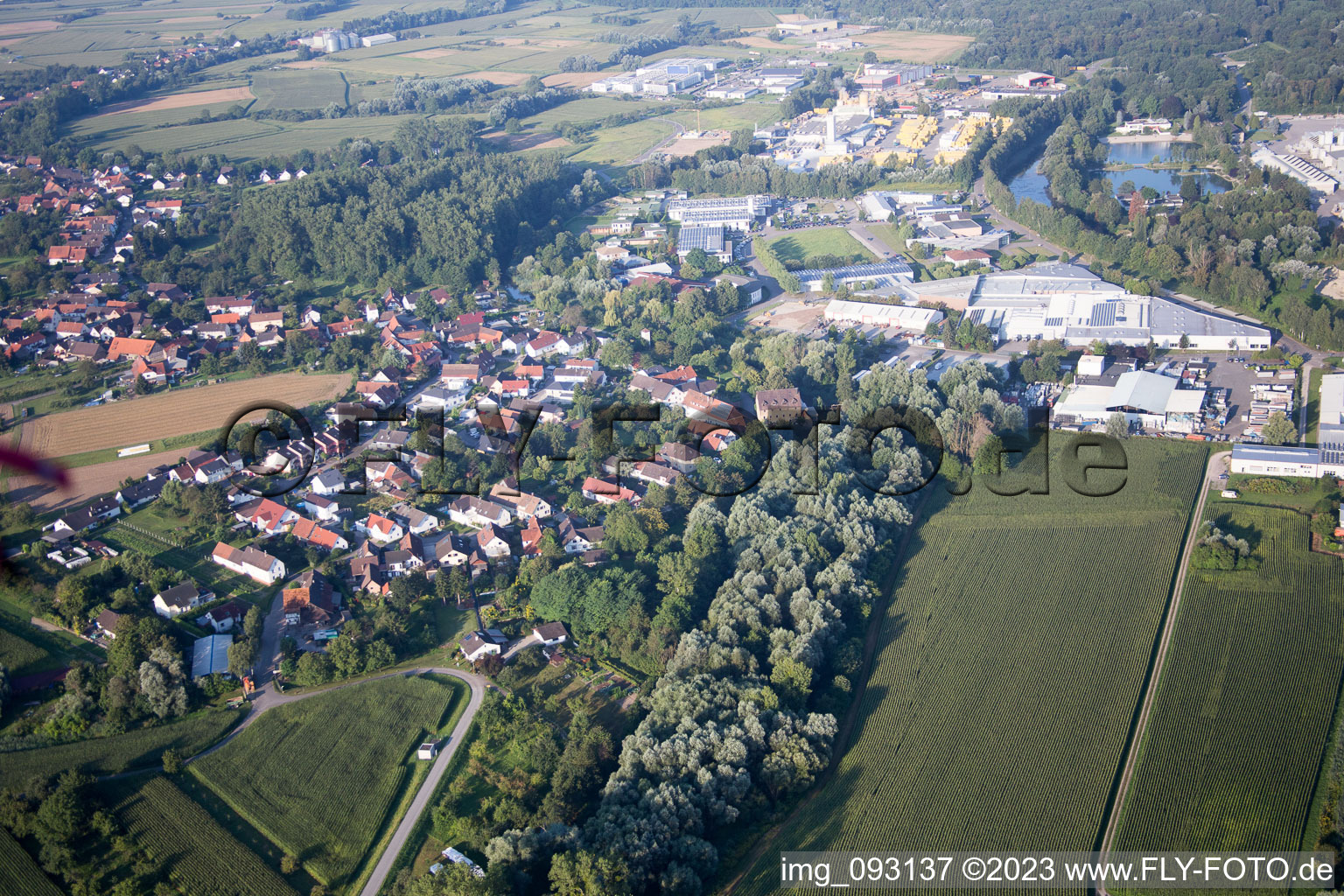 District Freistett in Rheinau in the state Baden-Wuerttemberg, Germany seen from above