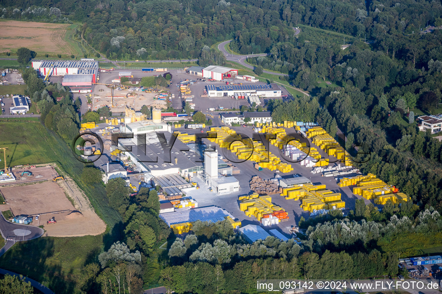 Aerial view of Building and production halls on the premises of Xella Deutschland GmbH in the district Freistett in Rheinau in the state Baden-Wurttemberg, Germany