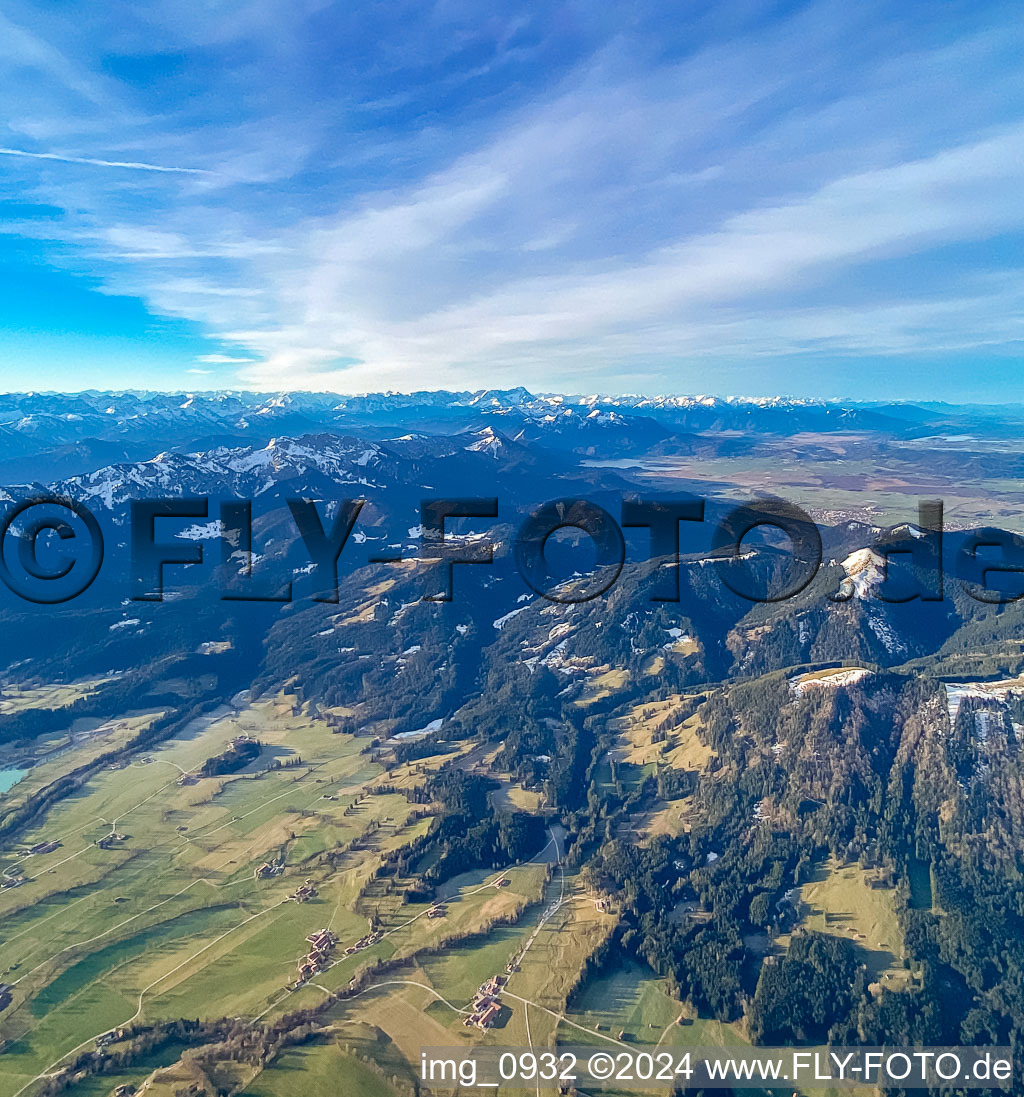 Brauneck and Alpine panorama in the district Arzbach in Wackersberg in the state Bavaria, Germany