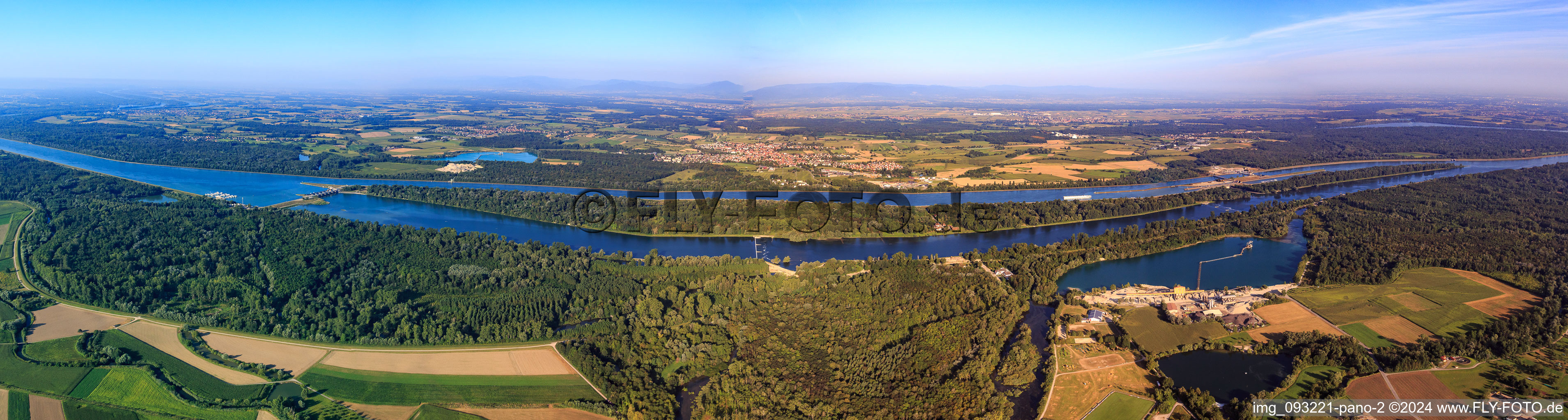 Panorama of the island in the Rhine from the Ottenheim lock via lock Gerstheim to Meißenheim from the east in Gerstheim in the state Bas-Rhin, France