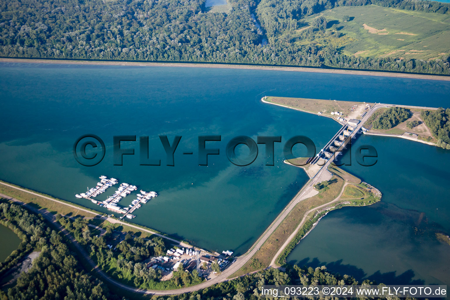 Aerial view of Ottenheim GZG Rhine dam in Schwanau in the state Baden-Wuerttemberg, Germany