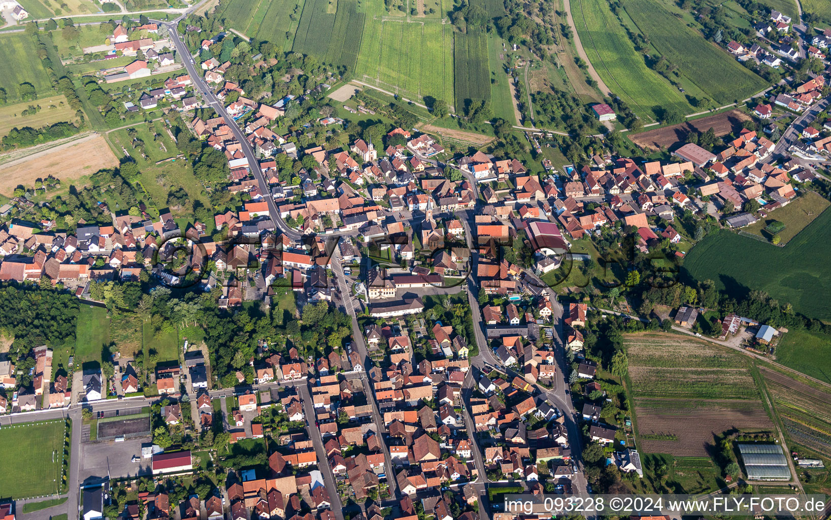 Aerial view of Town View of the streets and houses of the residential areas in Obenheim in Grand Est, France