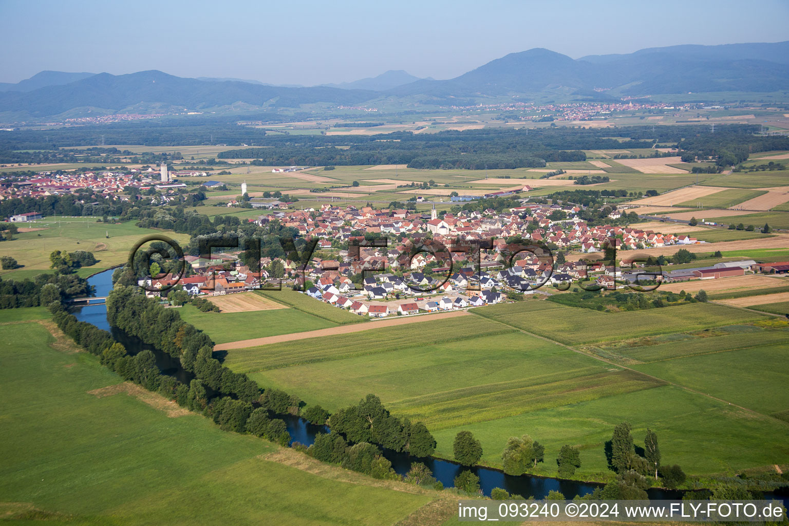 Village on the river bank areas of the river Ill in Sermersheim in Grand Est, France