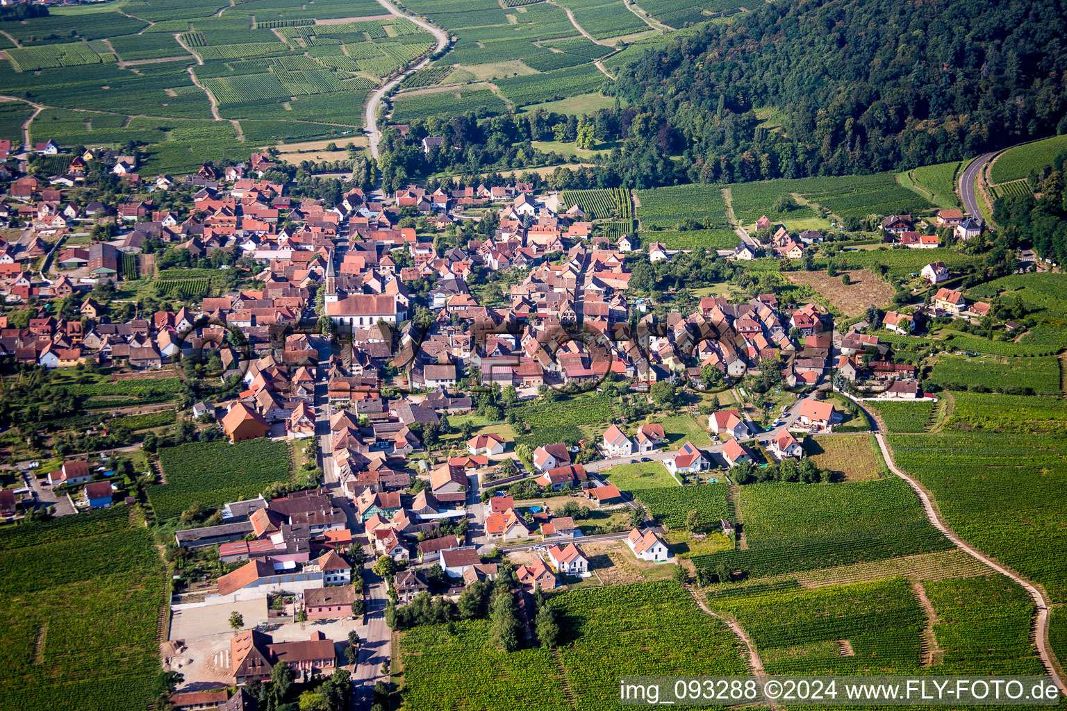 Village - view on the edge of agricultural fields and farmland in Kintzheim in Grand Est, France