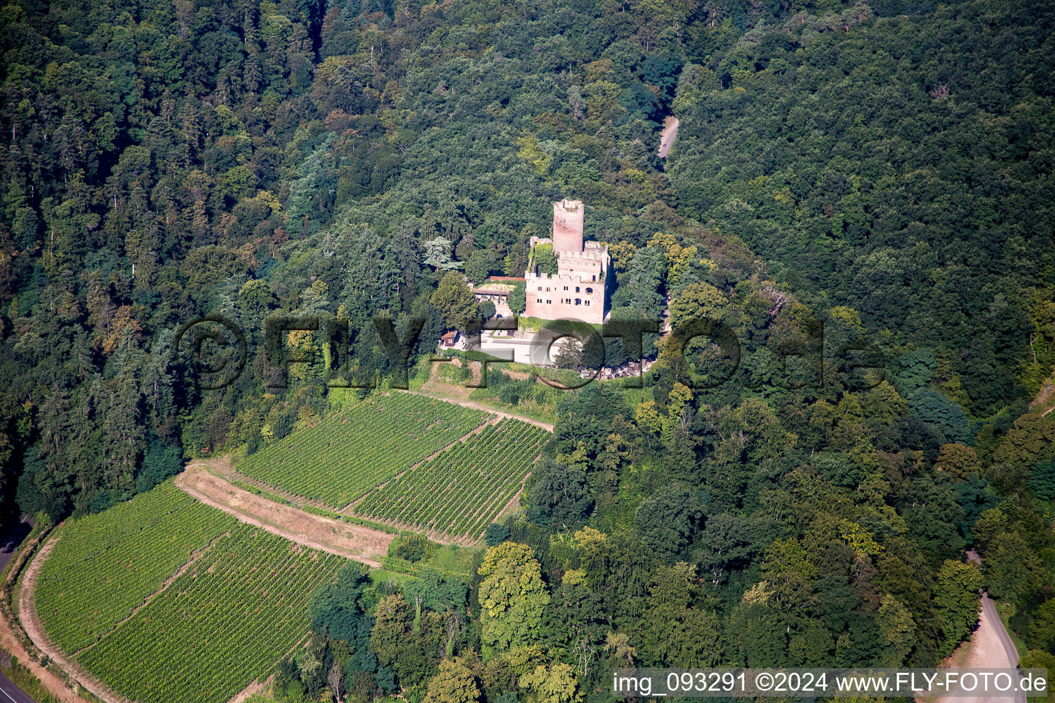 Aerial view of Castle of Schloss Chateau de Kintzheim in Kintzheim in Grand Est, France