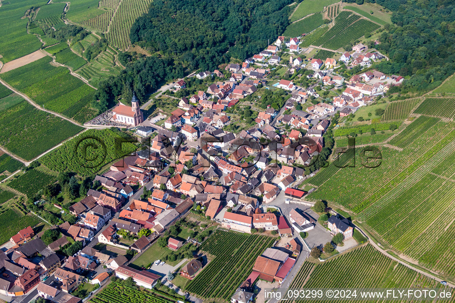 Village - view on the edge of agricultural fields and farmland in Orschwiller in Grand Est, France