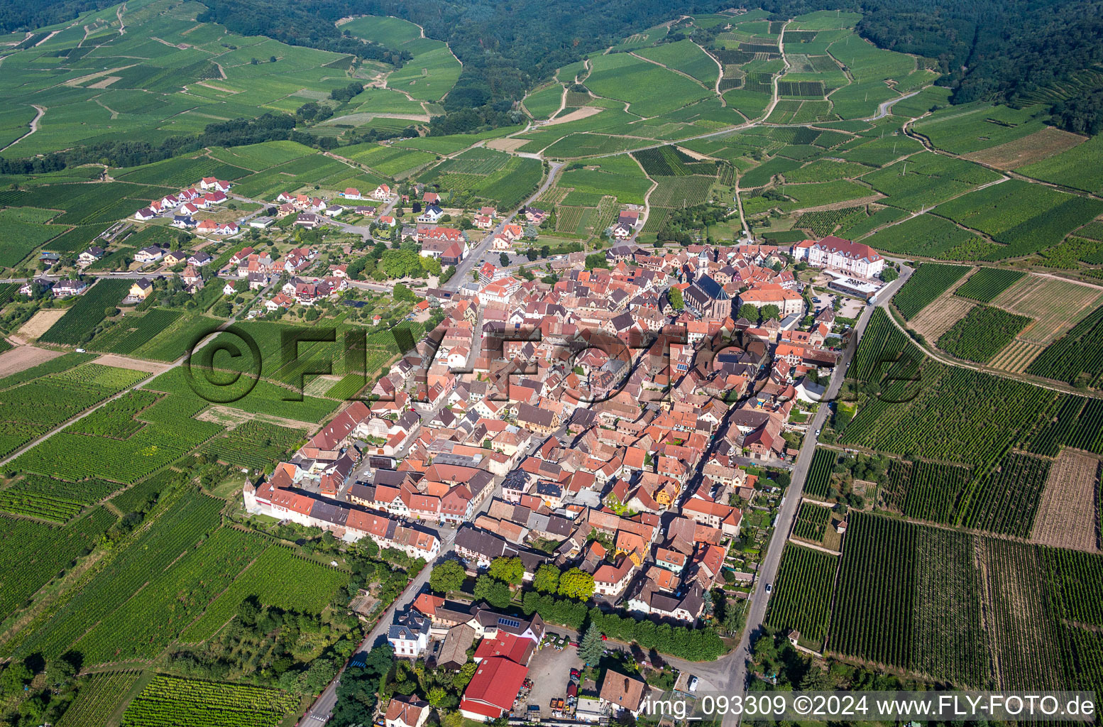 Aerial view of Village - view on the edge of wine yards in Saint-Hippolyte in Grand Est, France