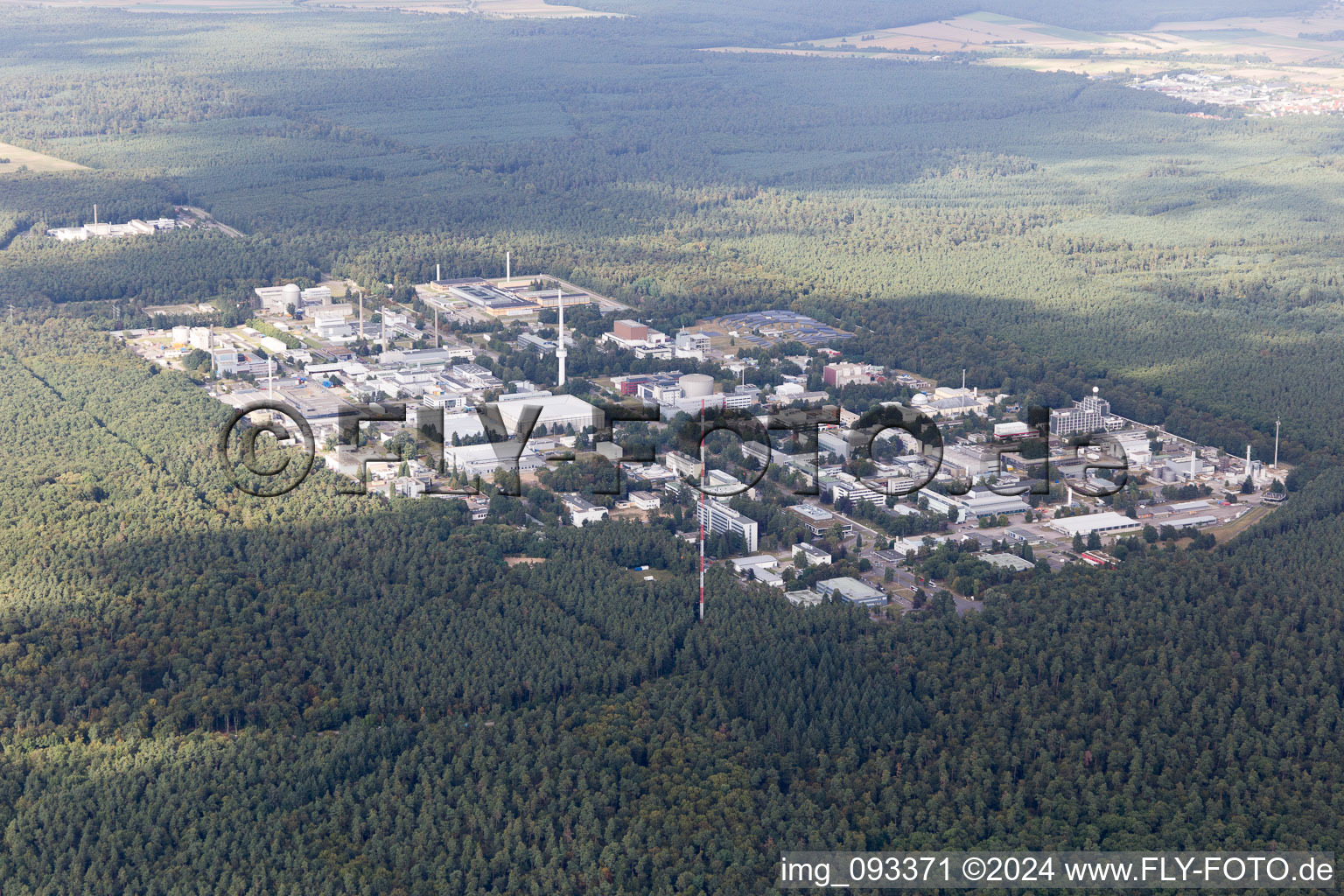 Aerial view of Research building and office complex of KIT Campus North (former Kernforschungszentrum Karlsruhe) in the district Leopoldshafen in Eggenstein-Leopoldshafen in the state Baden-Wurttemberg