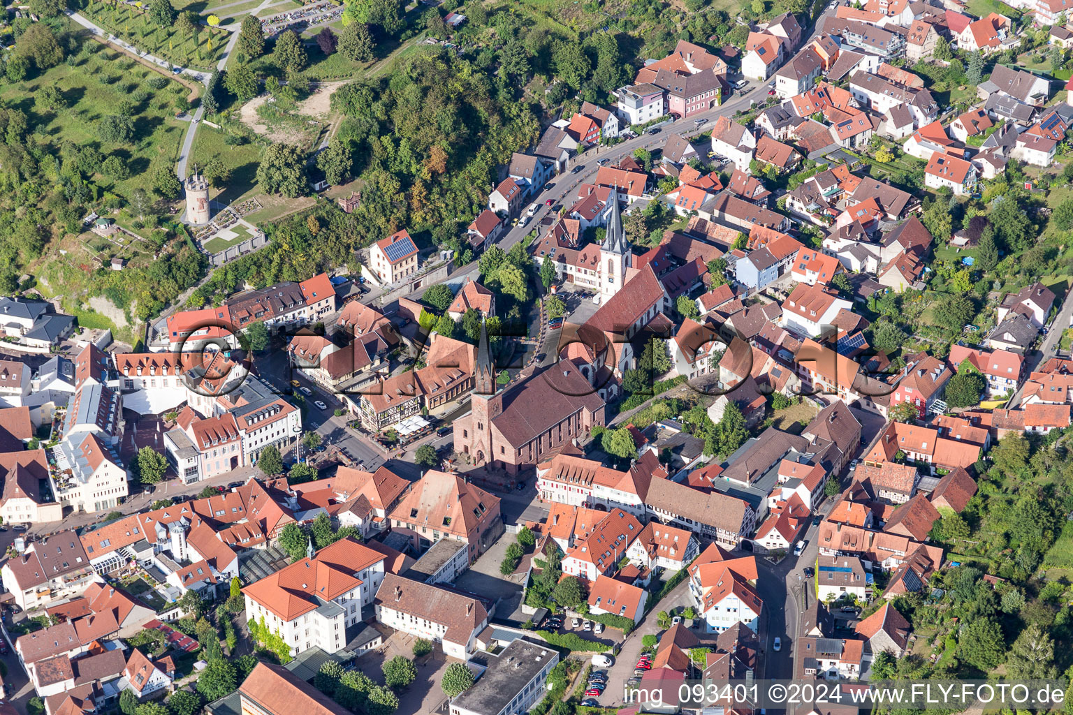 Aerial view of Buildings of the evangelic church and of the catholic church St. Michael Weingarten, in Weingarten in the state Baden-Wurttemberg, Germany