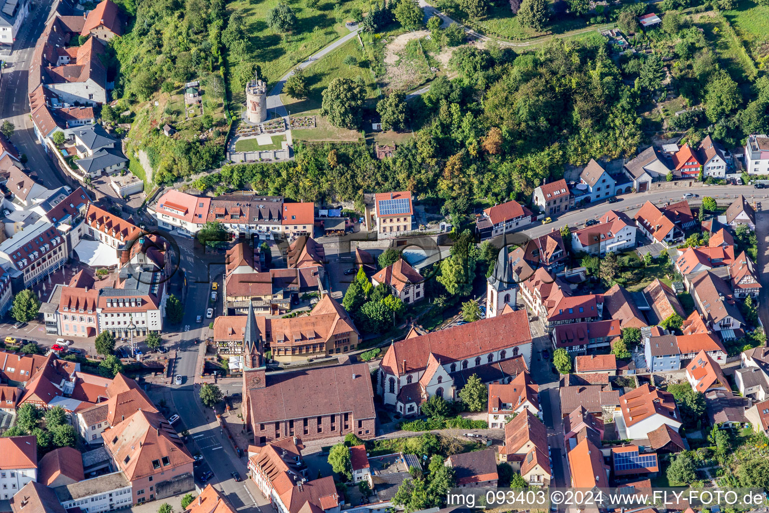 Aerial photograpy of Buildings of the evangelic church and of the catholic church St. Michael Weingarten, in Weingarten in the state Baden-Wurttemberg, Germany