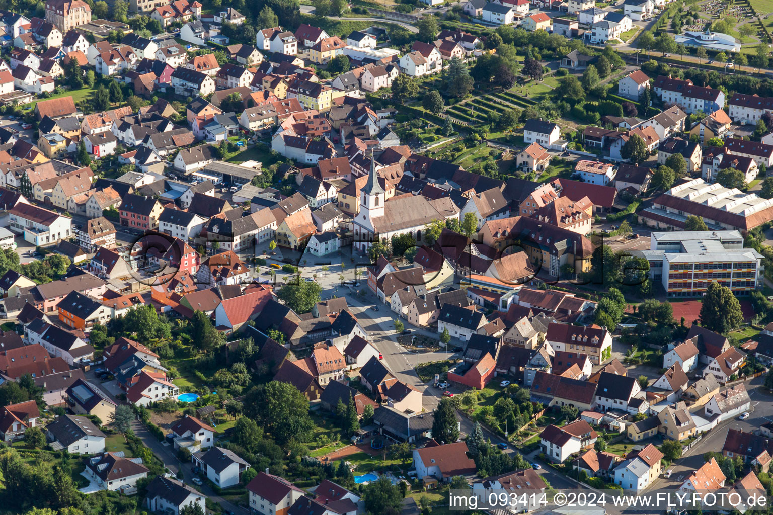 Aerial view of Town View of the streets and houses of the residential areas in the district Joehlingen in Walzbachtal in the state Baden-Wurttemberg, Germany