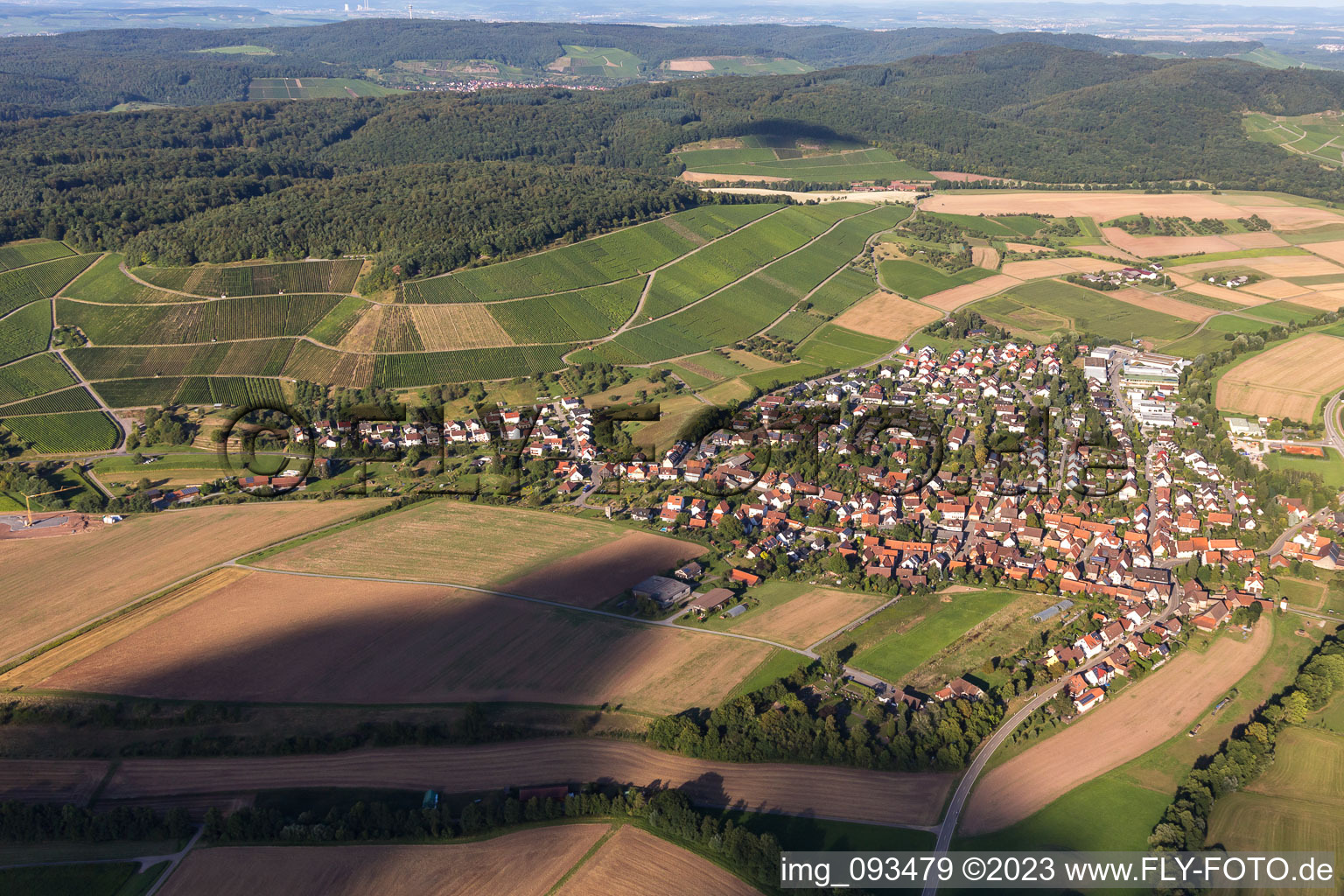 Aerial view of Village - view on the edge of agricultural fields and farmland in Vaihingen an der Enz in the state Baden-Wurttemberg, Germany