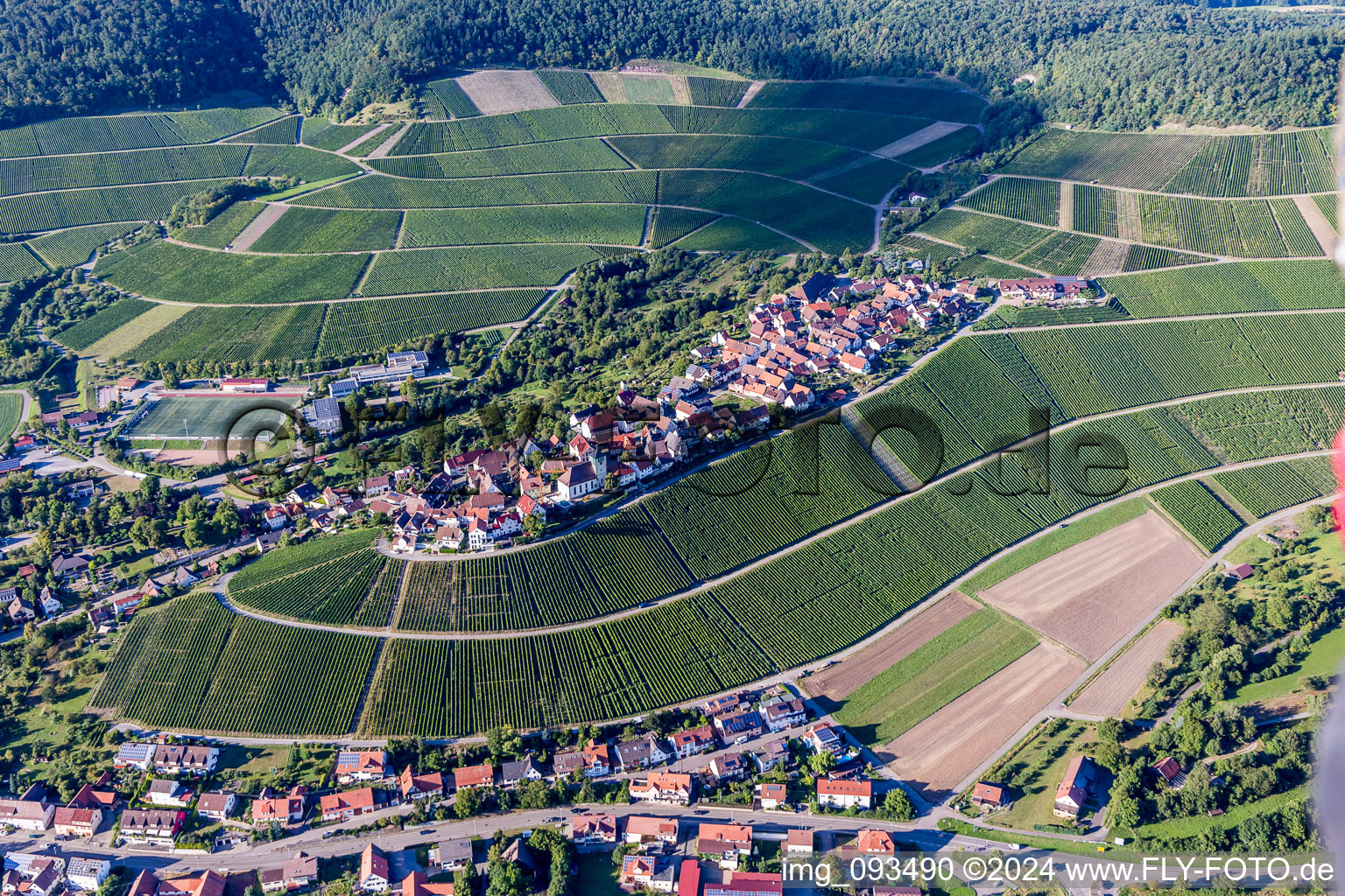 Aerial view of Village - view on the top of wine yards in Hohenhaslach in the state Baden-Wurttemberg, Germany