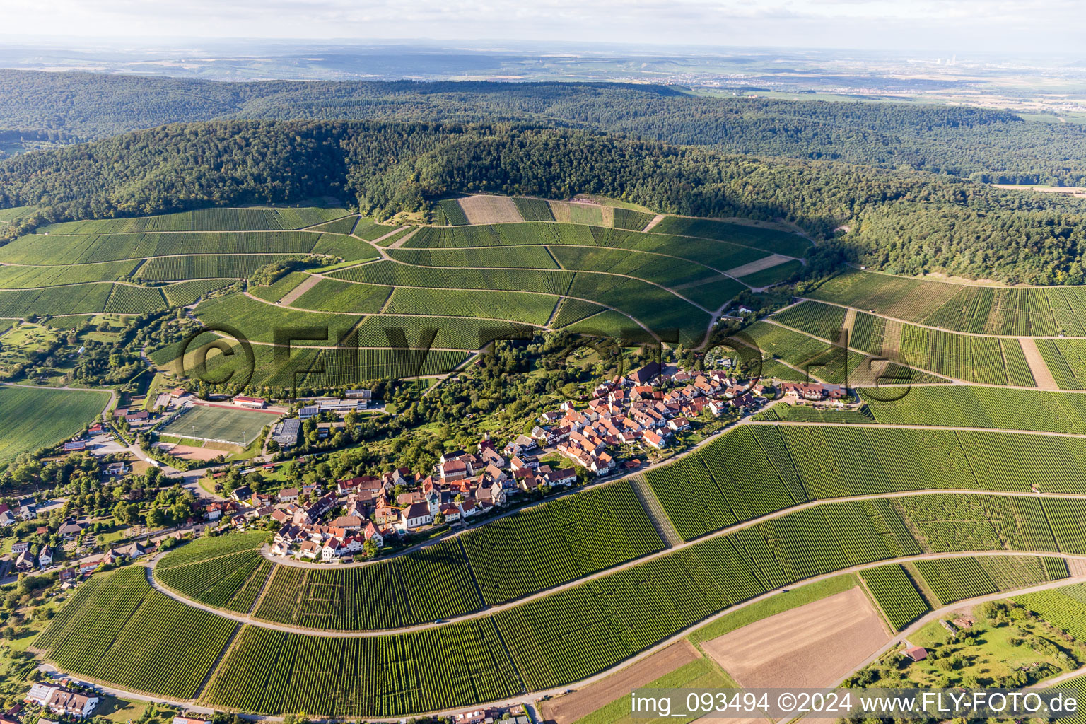 Aerial photograpy of Village - view on the top of wine yards in Hohenhaslach in the state Baden-Wurttemberg, Germany