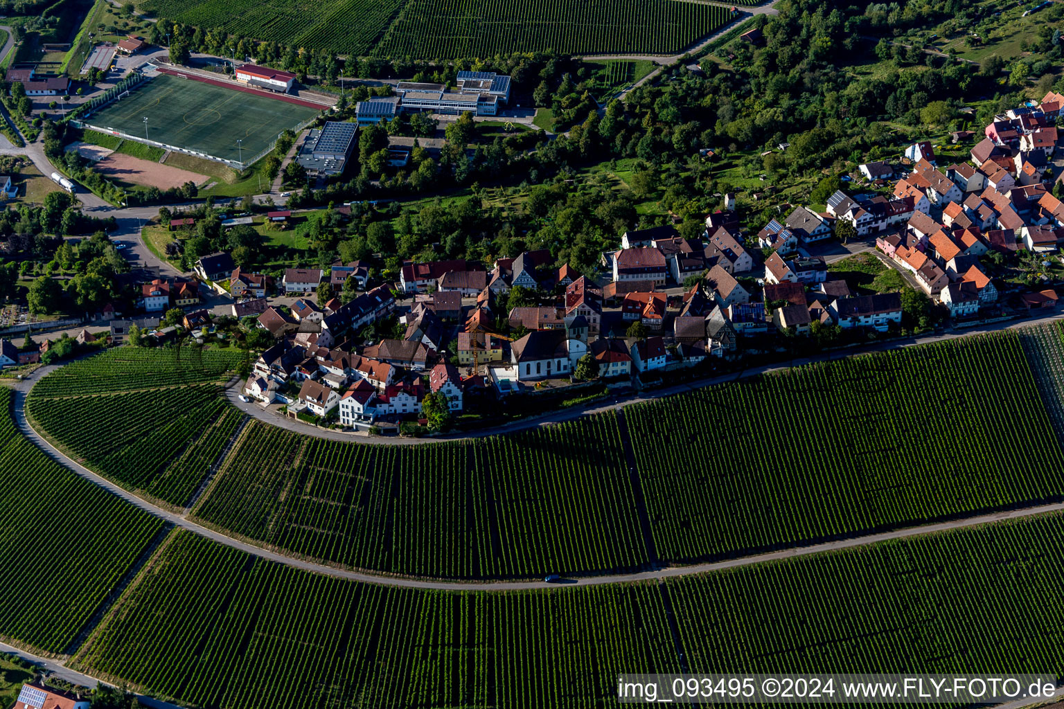 Oblique view of Village - view on the top of wine yards in Hohenhaslach in the state Baden-Wurttemberg, Germany