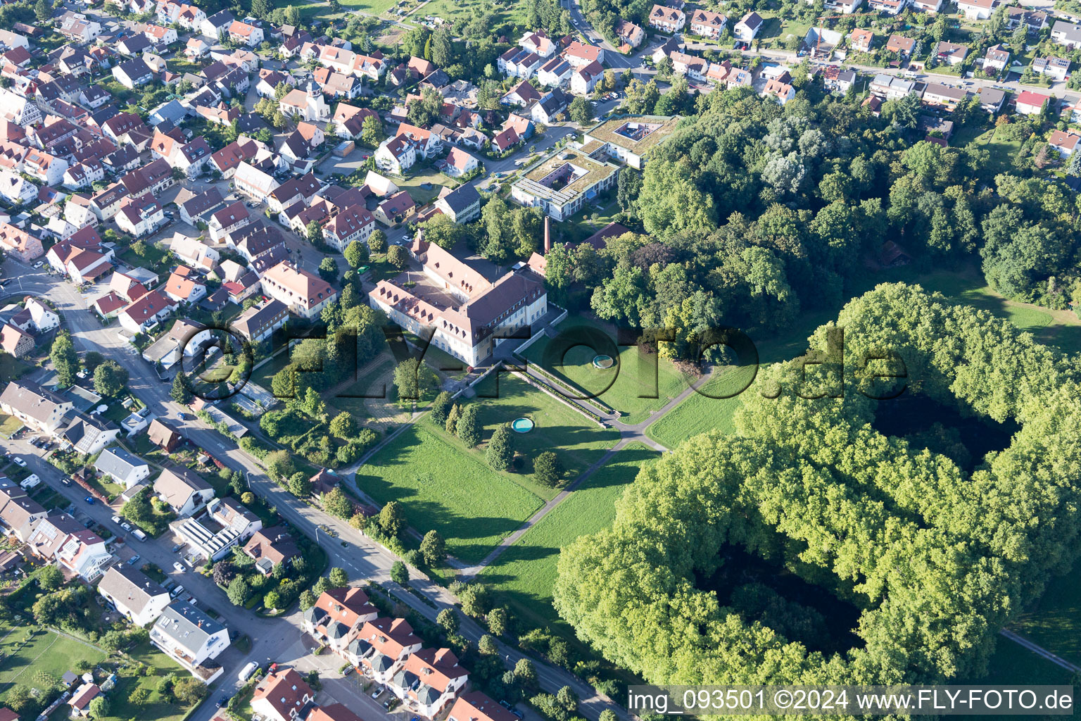 Aerial view of Castle Park and Freidental Castle in Freudental in the state Baden-Wuerttemberg, Germany