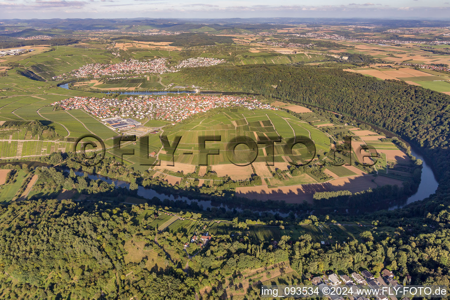 Aerial view of Village on the river bank areas of the river Neckar in Hessigheim in the state Baden-Wurttemberg, Germany