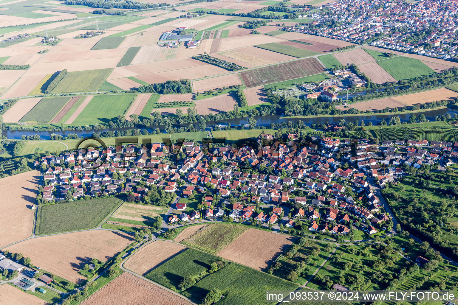 Aerial view of Village on the river bank areas of the river Neckar in the district Kleiningersheim in Ingersheim in the state Baden-Wurttemberg, Germany