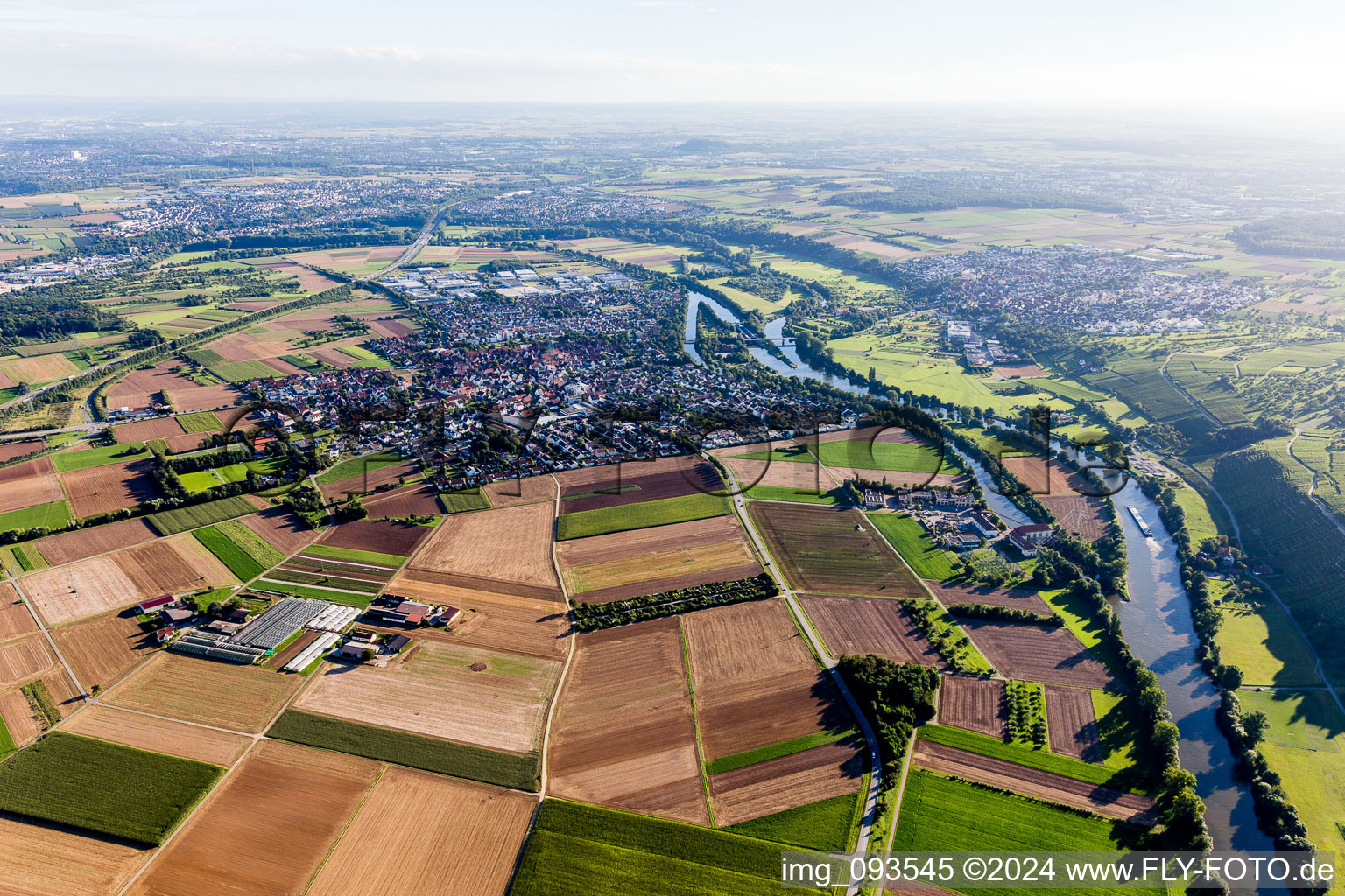 Town on the banks of the river of the river Neckar in Pleidelsheim in the state Baden-Wurttemberg, Germany