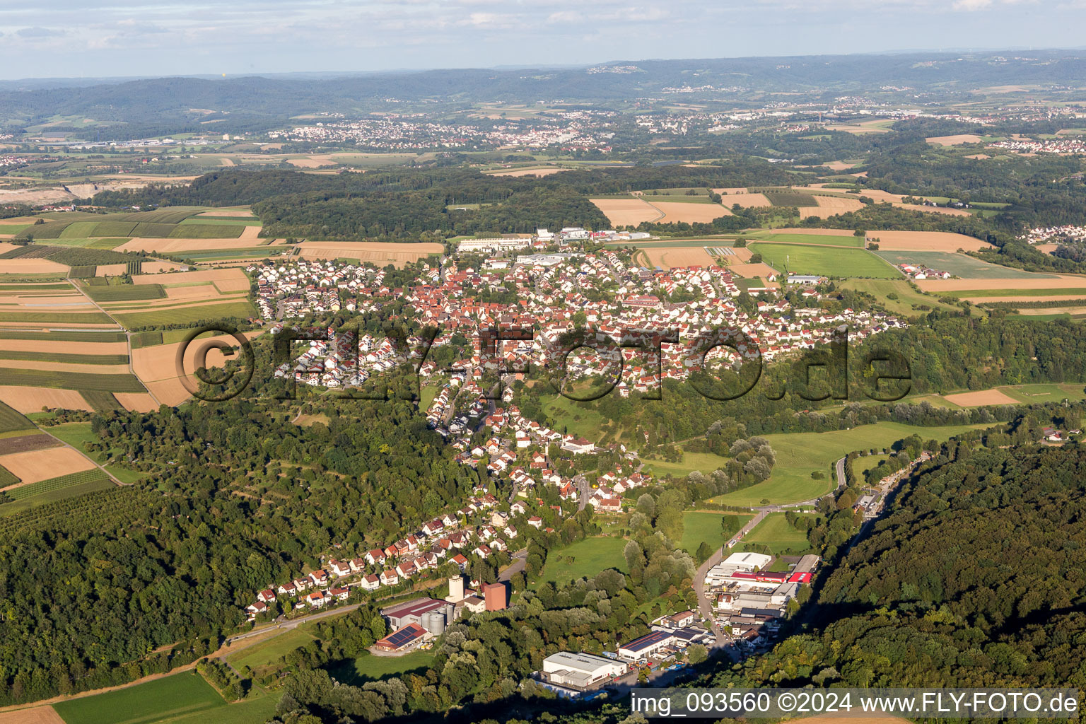 Village - view on the edge of agricultural fields and farmland in Kirchberg an der Murr in the state Baden-Wurttemberg, Germany