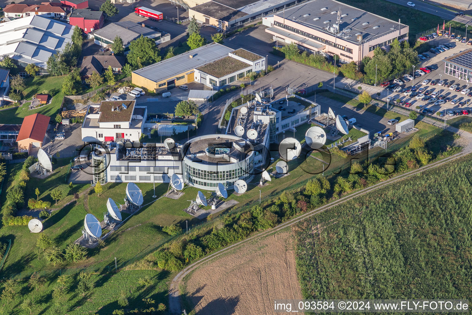 Parabolic satellite dishes Firma Signalhorn in Waldrems in the state Baden-Wurttemberg, Germany