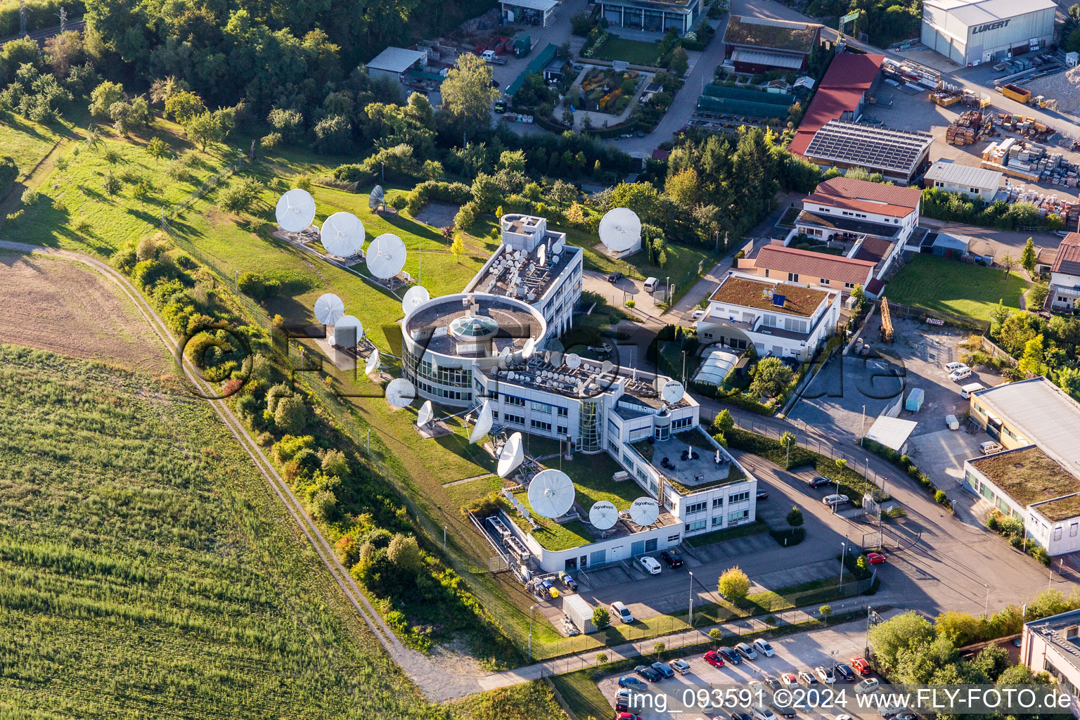 Aerial view of Parabolic satellite dishes Firma Signalhorn in Waldrems in the state Baden-Wurttemberg, Germany