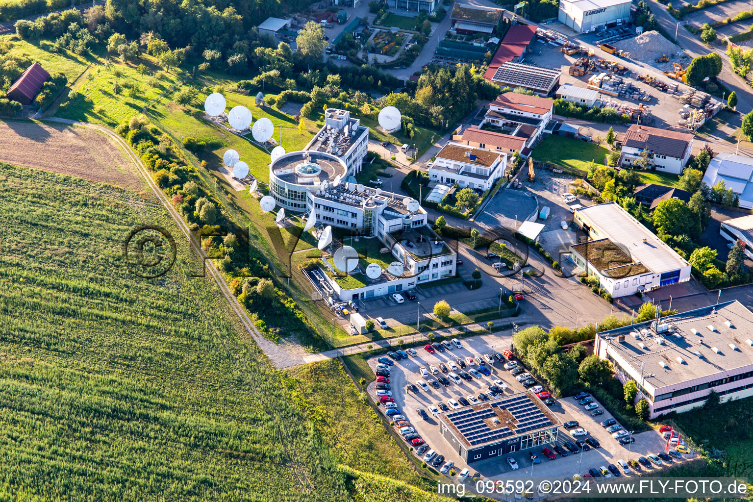 Parabolic antenna forest for satellite communication on Illerstr in the district Waldrems in Backnang in the state Baden-Wuerttemberg, Germany