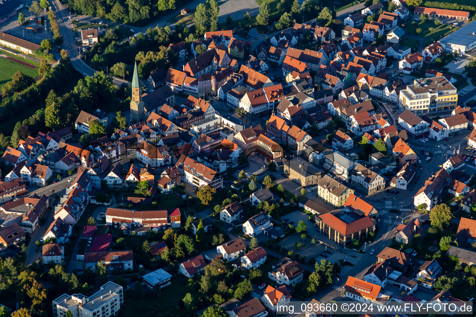 Aerial view of Town View of the streets and houses of the residential areas in Gaildorf in the state Baden-Wurttemberg, Germany