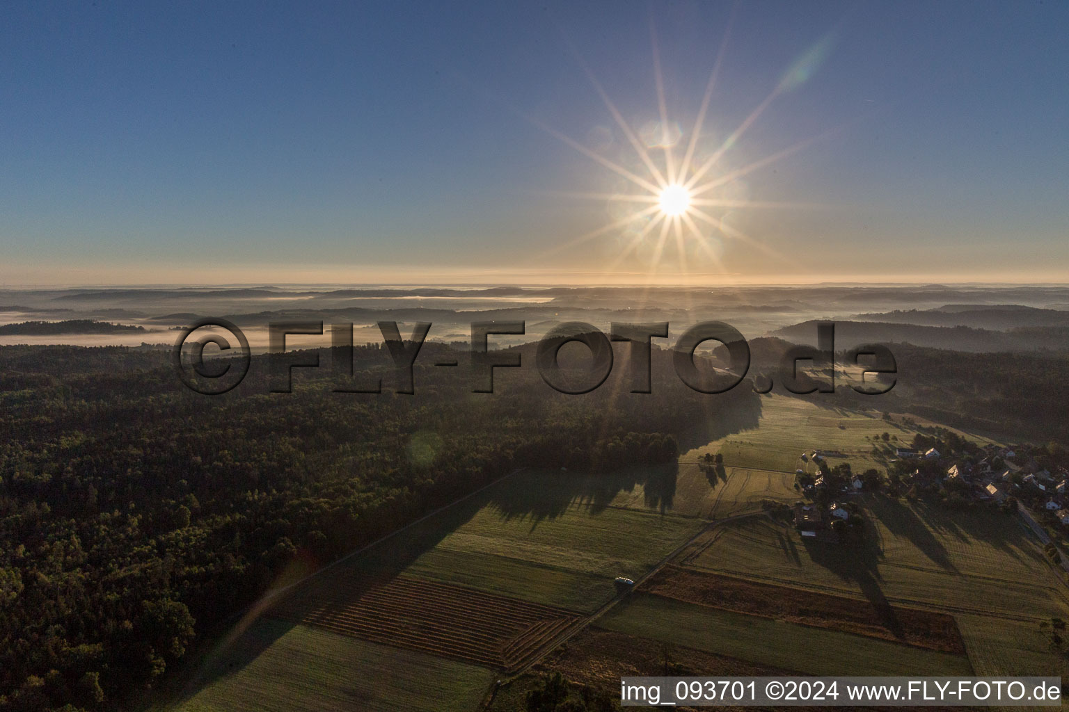 Sunrise over the countryside ueber dem Fischachtal in Obersontheim in the state Baden-Wurttemberg