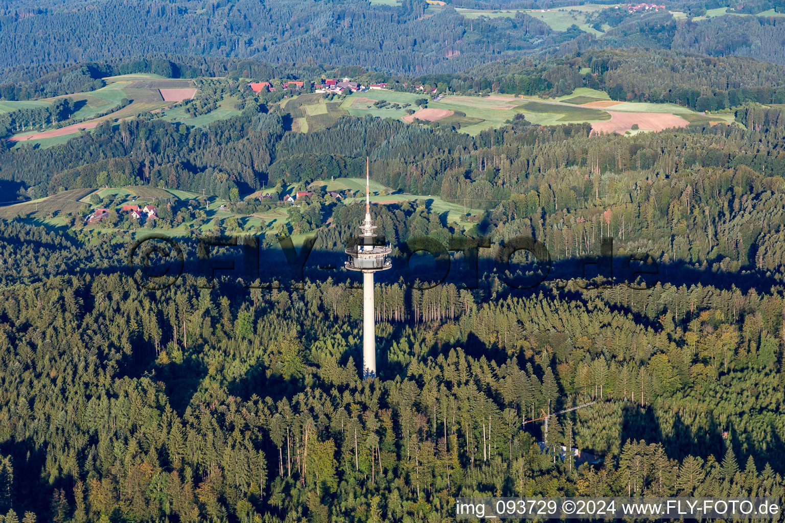 Aerial view of Telecommunication tower in the forest in the district Grab in Großerlach in the state Baden-Wuerttemberg, Germany