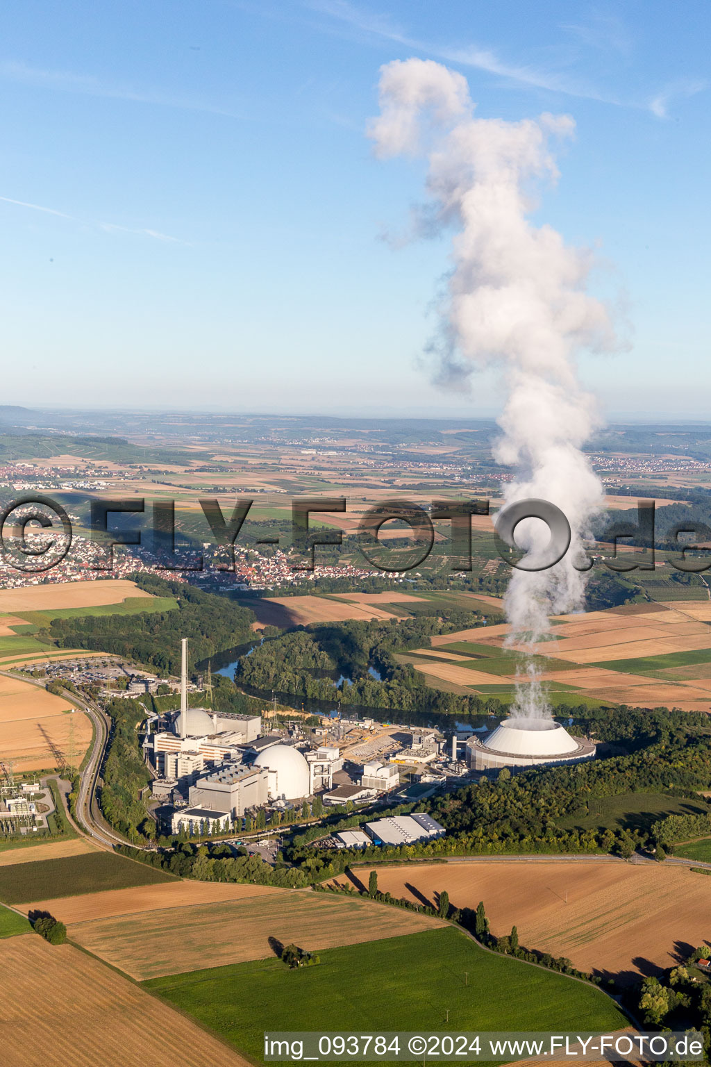 Aerial view of Building remains of the reactor units and facilities of the NPP nuclear power plant GKN Neckarwestheim in Neckarwestheim in the state Baden-Wurttemberg, Germany