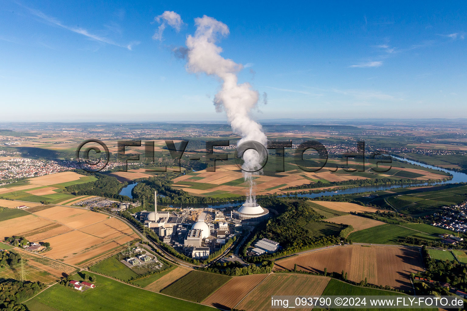 Aerial photograpy of Building remains of the reactor units and facilities of the NPP nuclear power plant GKN Neckarwestheim in Neckarwestheim in the state Baden-Wurttemberg, Germany